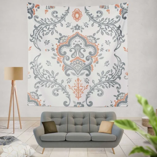 Beautiful Blue Orange Floral Design Wall Tapestry