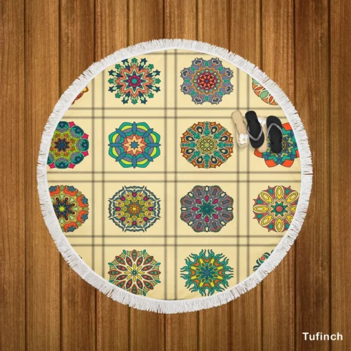 Beautiful Colored Mandala Pattern Round Beach Towel