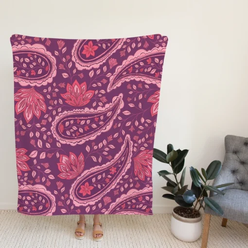 Beautiful Paisley Floral Design On Purple Fleece Blanket