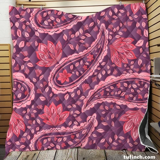 Beautiful Paisley Floral Design On Purple Quilt Blanket