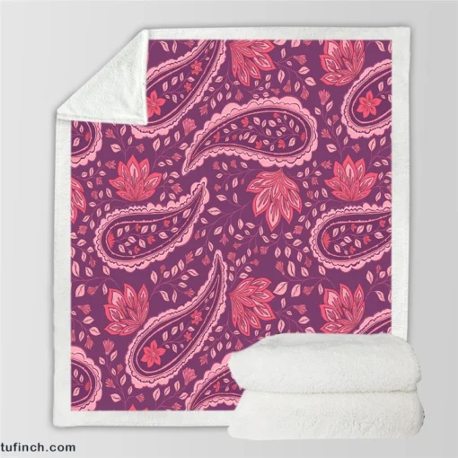 Beautiful Paisley Floral Design On Purple Sherpa Fleece Blanket