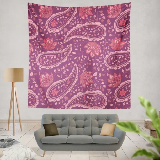 Beautiful Paisley Floral Design On Purple Wall Tapestry