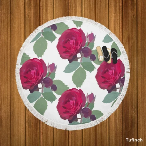 Beautiful Red Rose 3d Design Round Beach Towel