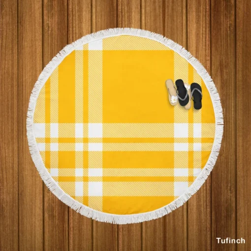 Beautiful Yellow White Stripe Plaid Round Beach Towel