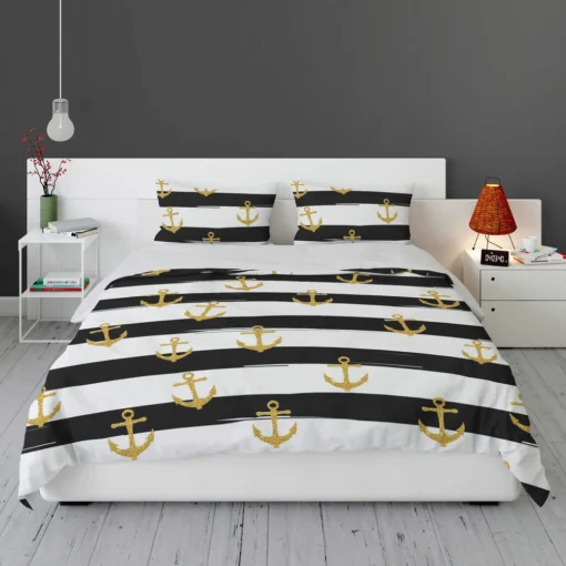 Black And White Stripes Gold Anchor Bedding Set 1