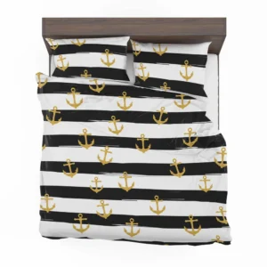 Black And White Stripes Gold Anchor Bedding Set 2