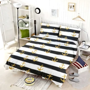 Black And White Stripes Gold Anchor Bedding Set