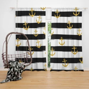 Black And White Stripes Gold Anchor Curtain