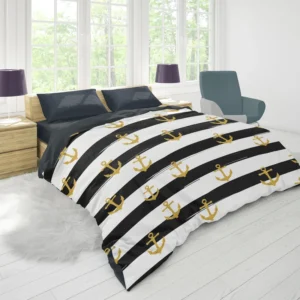 Black And White Stripes Gold Anchor Duvet Cover 1