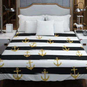 Black And White Stripes Gold Anchor Duvet Cover