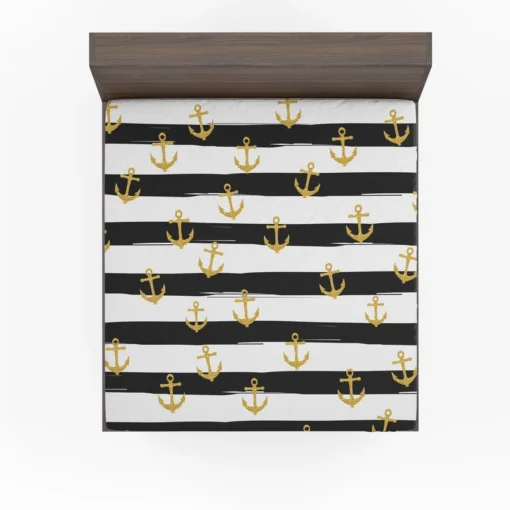 Black And White Stripes Gold Anchor Fitted Sheet