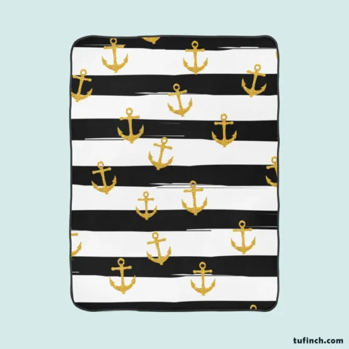 Black And White Stripes Gold Anchor Fleece Blanket 1