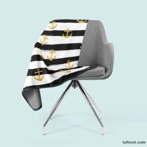 Black And White Stripes Gold Anchor Fleece Blanket 2