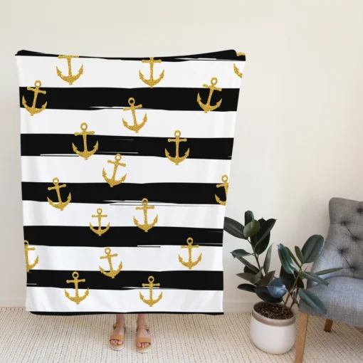 Black And White Stripes Gold Anchor Fleece Blanket