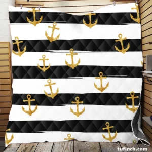 Black And White Stripes Gold Anchor Quilt Blanket