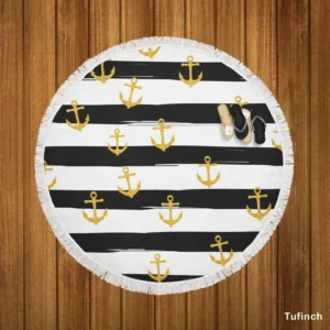 Black And White Stripes Gold Anchor Round Beach Towel