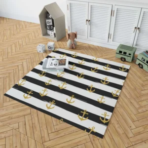 Black And White Stripes Gold Anchor Rug 1