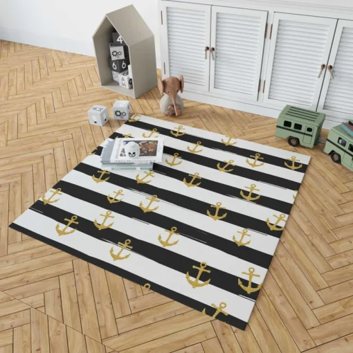 Black And White Stripes Gold Anchor Rug 1