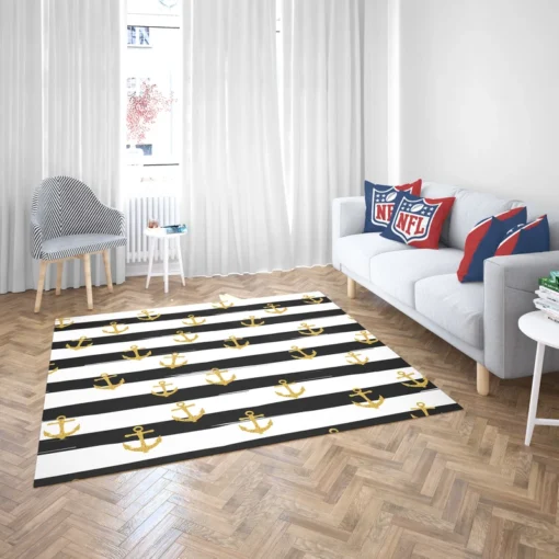 Black And White Stripes Gold Anchor Rug 2