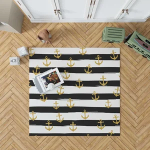 Black And White Stripes Gold Anchor Rug