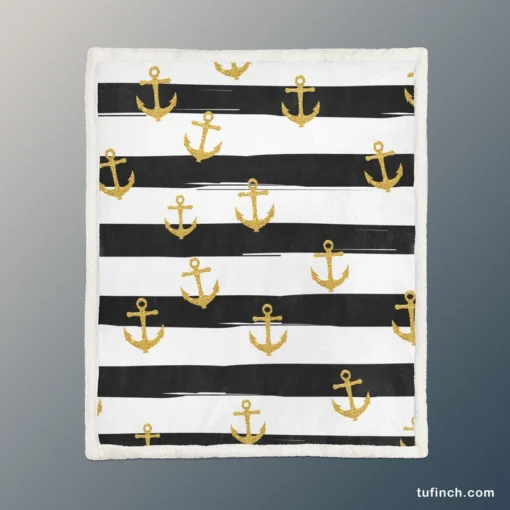 Black And White Stripes Gold Anchor Sherpa Fleece Blanket 1