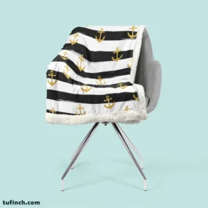 Black And White Stripes Gold Anchor Sherpa Fleece Blanket 2