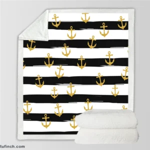 Black And White Stripes Gold Anchor Sherpa Fleece Blanket