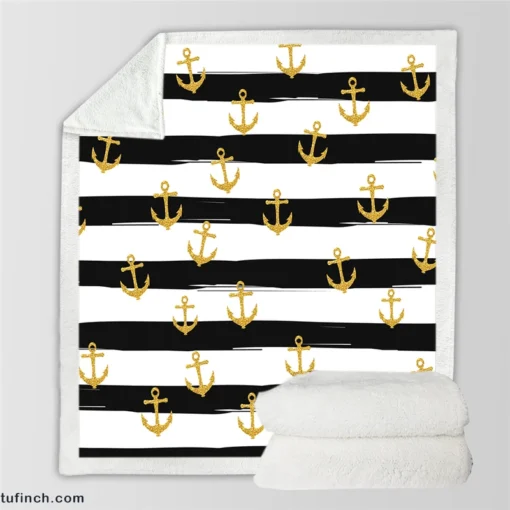 Black And White Stripes Gold Anchor Sherpa Fleece Blanket