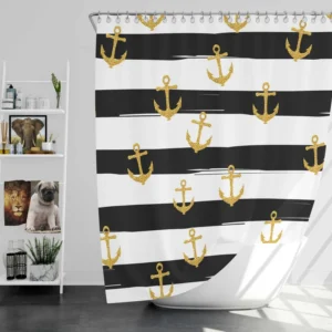 Black And White Stripes Gold Anchor Shower Curtain