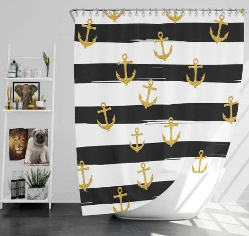 Black And White Stripes Gold Anchor Shower Curtain