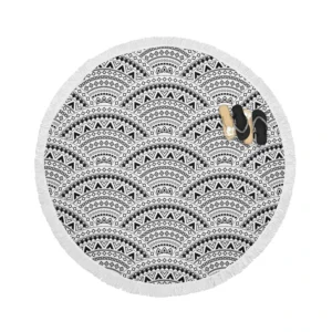 Black Boho Style Seamless Pattern Round Beach Towel