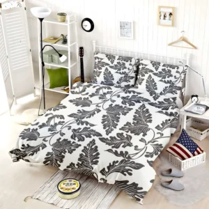 Black N White Oak Leave Pattern Bedding Set