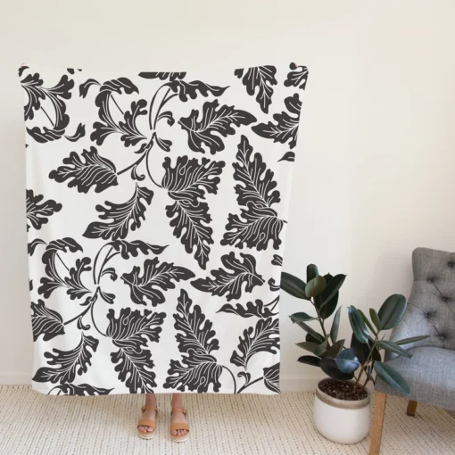 Black N White Oak Leave Pattern Fleece Blanket