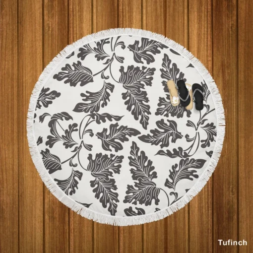 Black N White Oak Leave Pattern Round Beach Towel