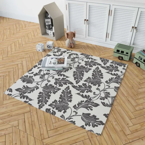 Black N White Oak Leave Pattern Rug 1