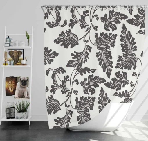 Black N White Oak Leave Pattern Shower Curtain