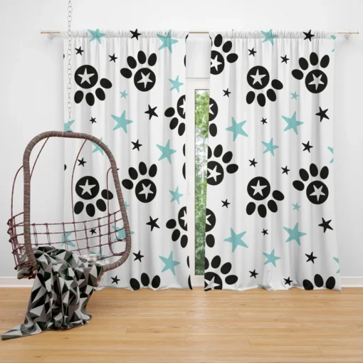 Black Paw Prints With Stars Curtain