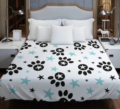 Black Paw Prints With Stars Duvet Cover