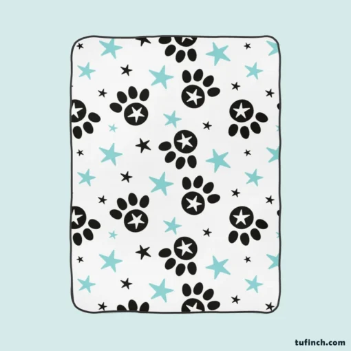 Black Paw Prints With Stars Fleece Blanket 1