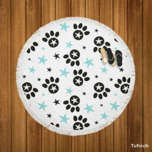 Black Paw Prints With Stars Round Beach Towel