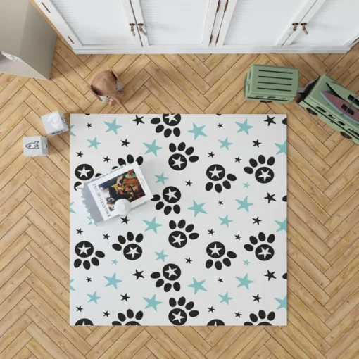 Black Paw Prints With Stars Rug