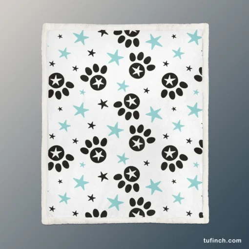 Black Paw Prints With Stars Sherpa Fleece Blanket 1