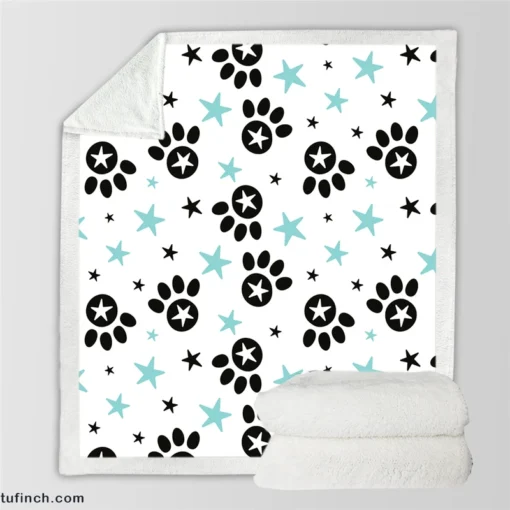 Black Paw Prints With Stars Sherpa Fleece Blanket