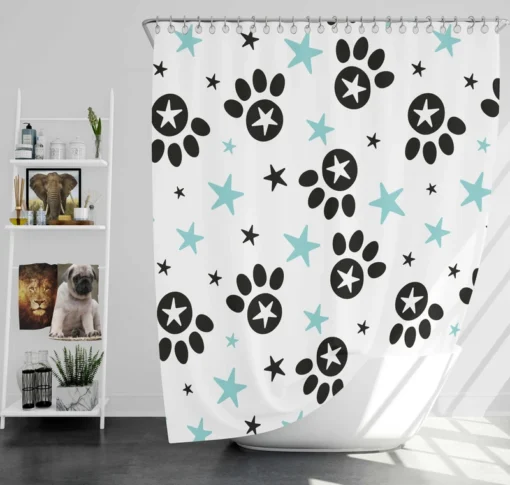 Black Paw Prints With Stars Shower Curtain