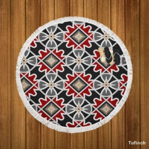 Black Red Moroccan Pattern Round Beach Towel