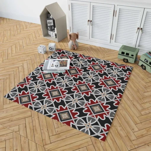 Black Red Moroccan Pattern Rug 1