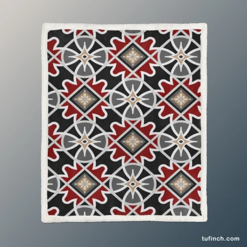 Black Red Moroccan Pattern Sherpa Fleece Blanket 1