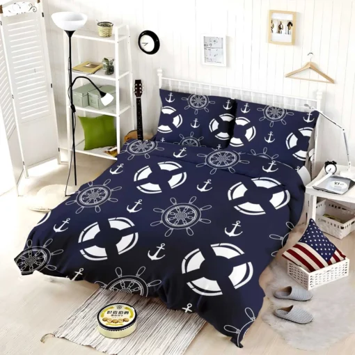 Black Rock Background Lifebuoy Anchor Wheel Bedding Set