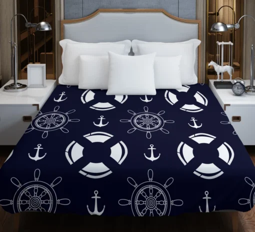 Black Rock Background Lifebuoy Anchor Wheel Duvet Cover