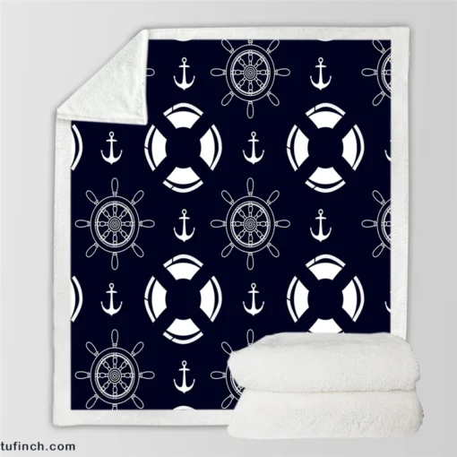 Black Rock Background Lifebuoy Anchor Wheel Sherpa Fleece Blanket